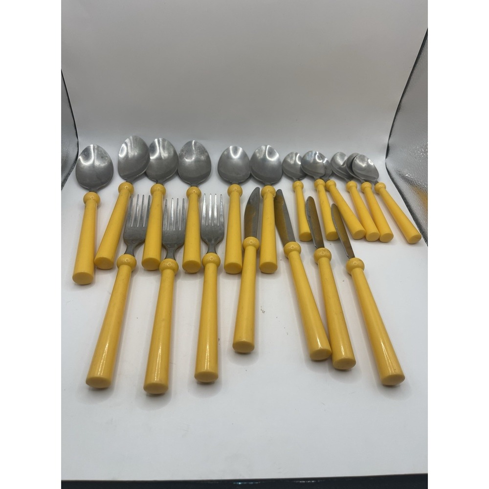 Vintage‎ AMEFA Yellow Handled Flatware Set Stainless Steel Made in Taiwan